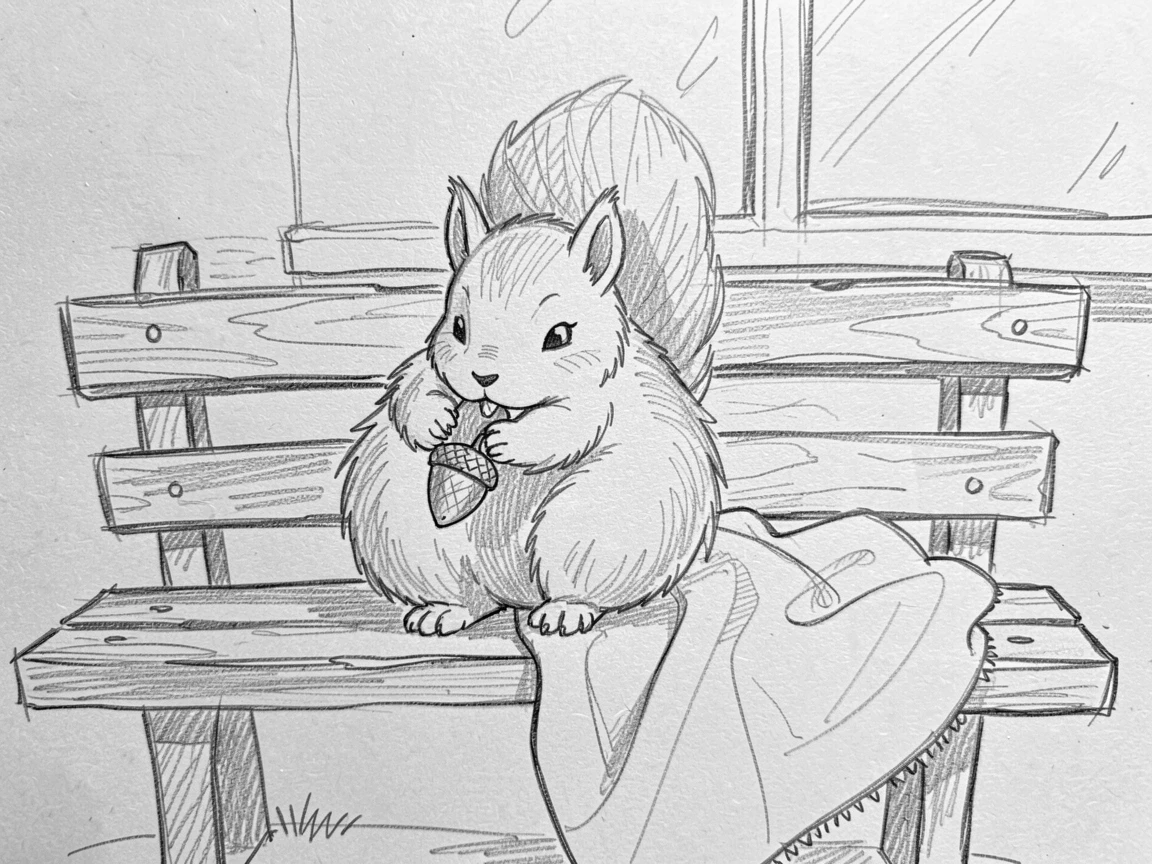 An irresistibly cute scene of a squirrel nibbling an acorn on a park bench on a cozy blanket by a window, looking impossibly soft and content.