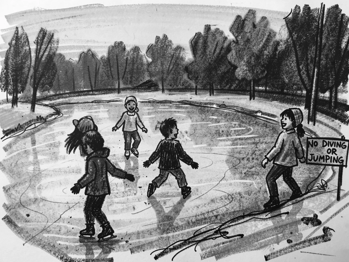 Children ice skating on a frozen pond at dusk, as the last light of day fades to dusk.