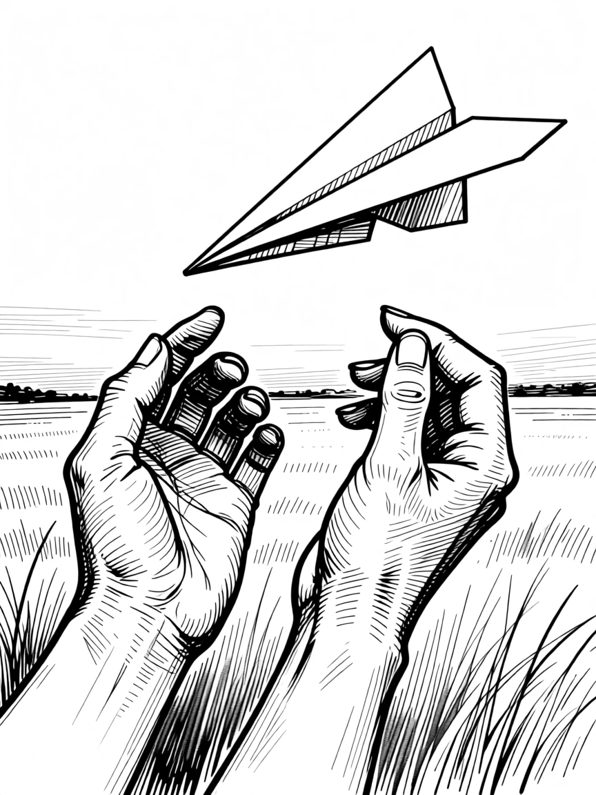 A pair of hands releasing a paper airplane into an open field.