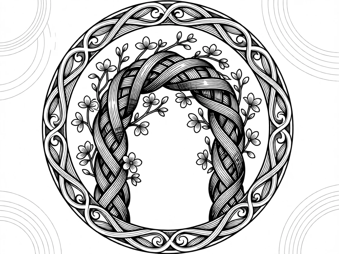 A decorative arch made of woven branches and blossoms framed within an ornate circular border, with fine linework tracing every curve and edge, forming a meditatively symmetrical decorative composition.