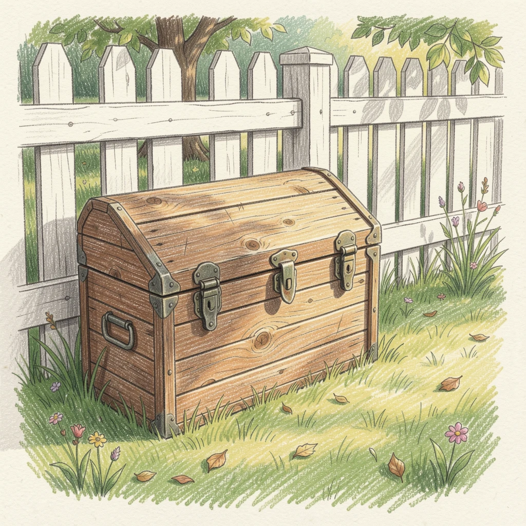 A rustic countryside toolbox resting beside a freshly painted fence, captured in a quiet, intimate moment full of atmosphere, perfect for anyone drawn to gentle, heartfelt imagery.