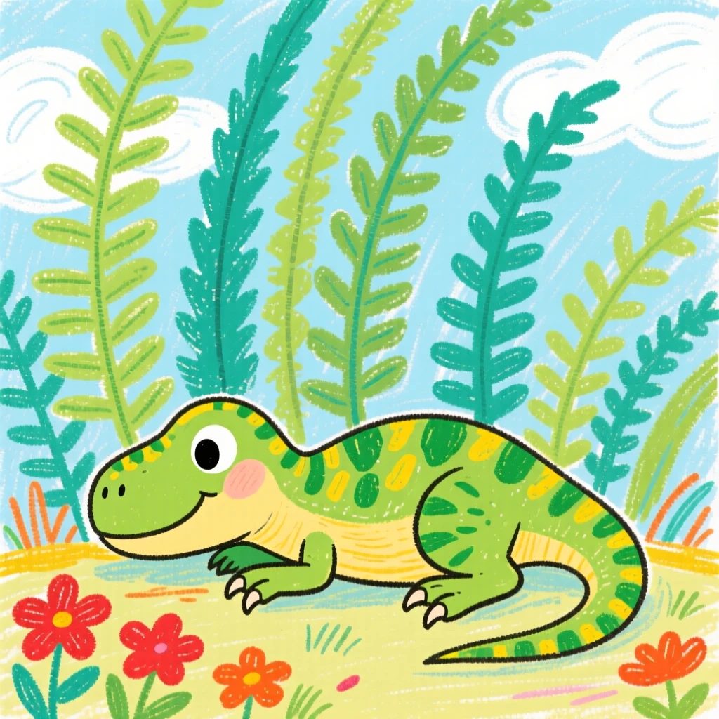A young Velociraptor resting beneath towering prehistoric ferns.