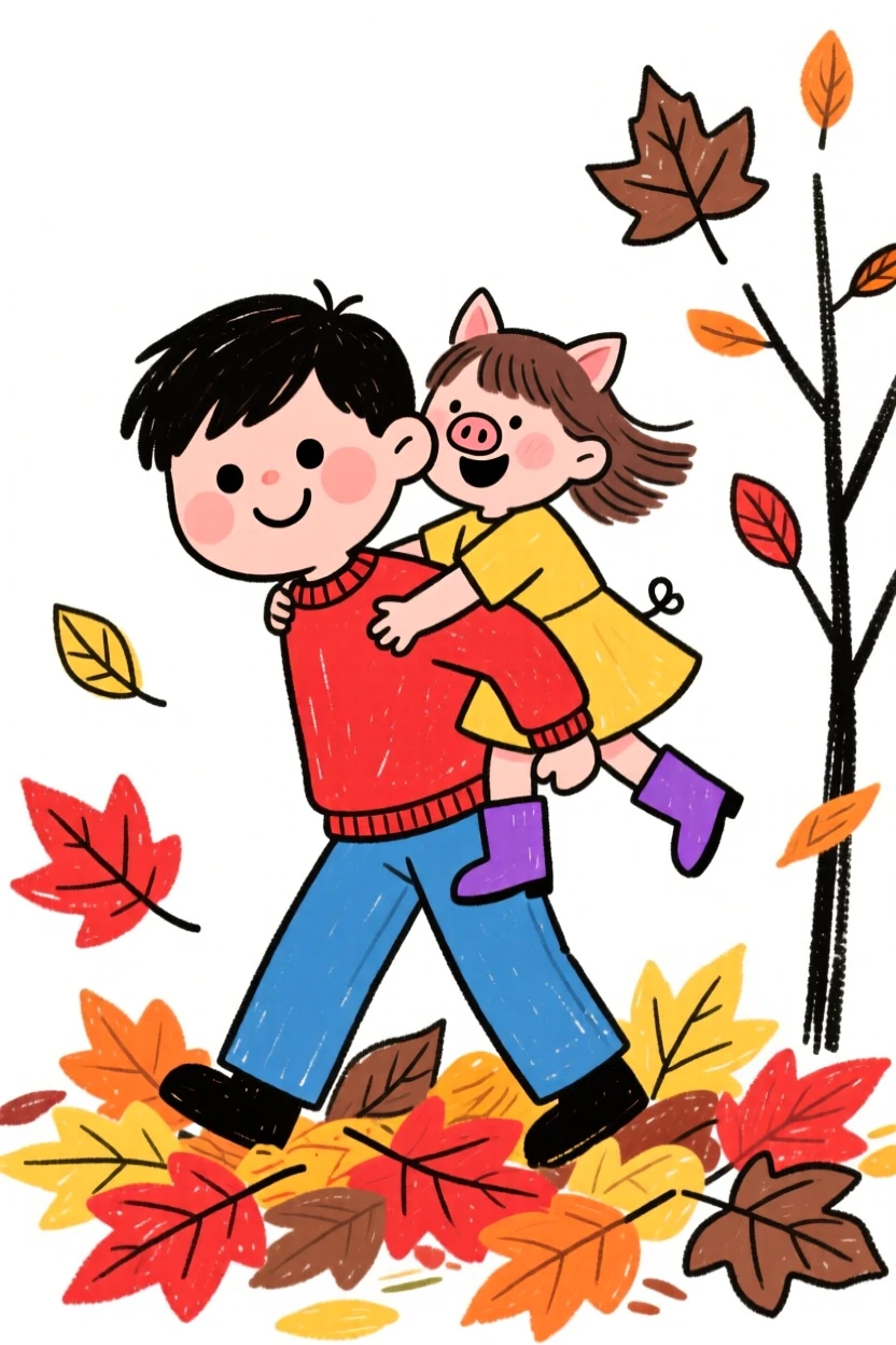 A boy giving his little sister a piggyback ride through autumn leaves.