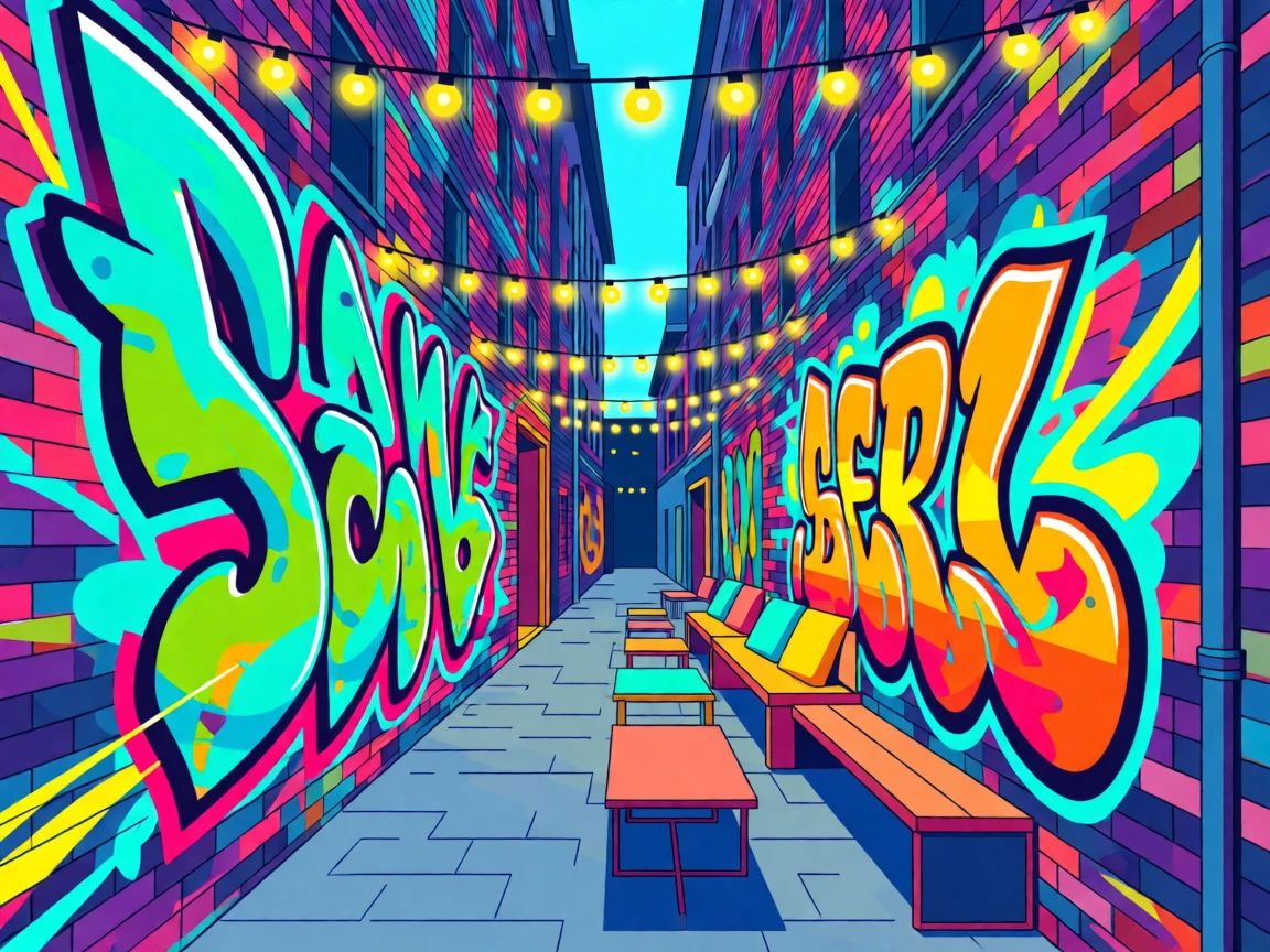 A vibrant street art alley bursting with colorful murals, surrounded by warm string lights and cozy seating, composed with playful diagonal energy, with vibrant, trendy colors that feel fresh and current.