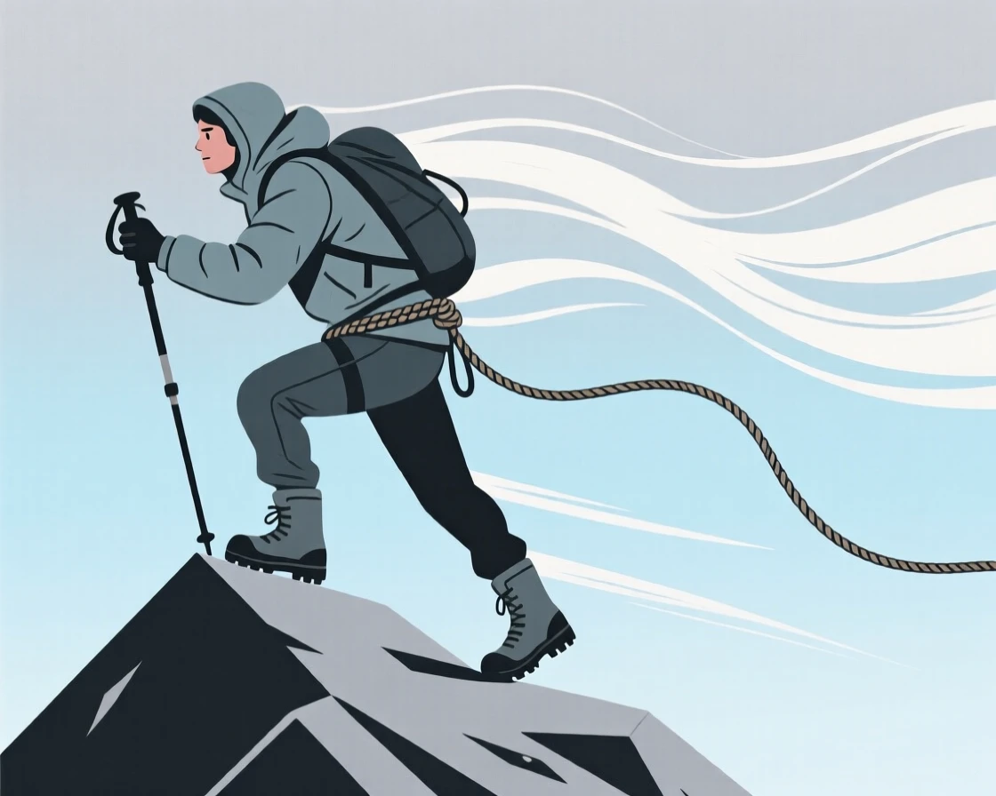 A climber pushing forward against strong winds near the summit.
