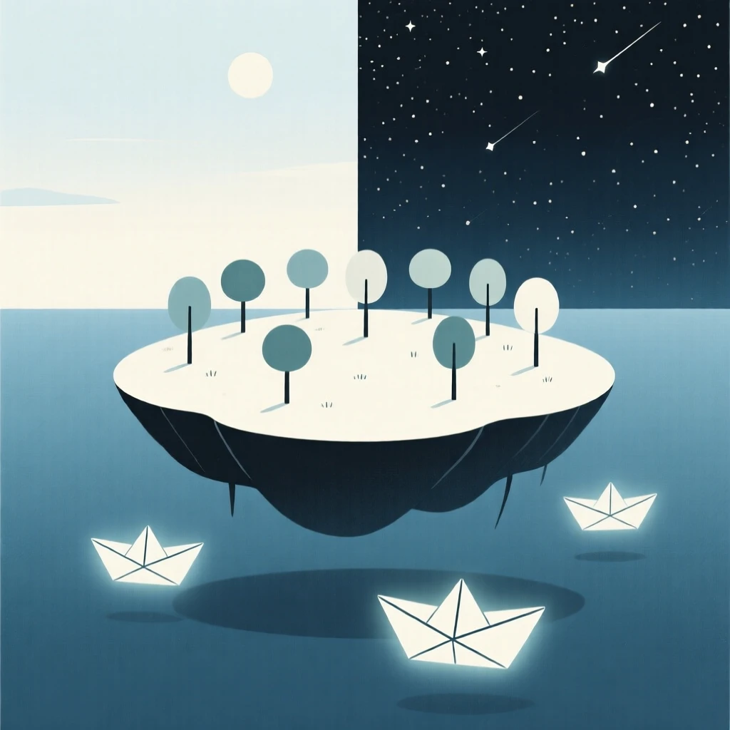 A magical floating island covered in trees nestled within a horizon where day meets night, glowing near paper boats sailing on air, full of whimsical fantasy.