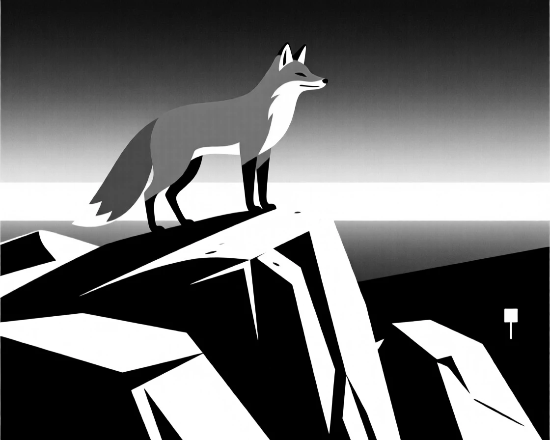 A red fox standing on a rocky ridge at dawn.