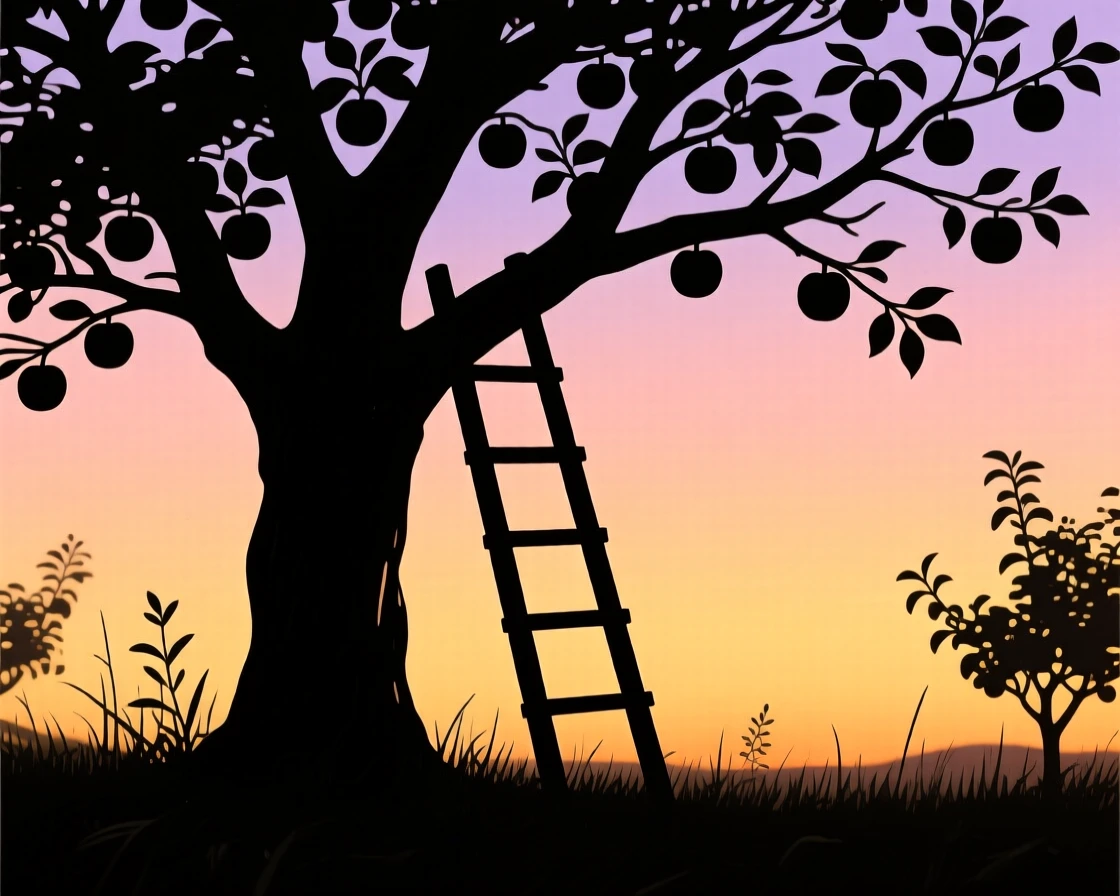 A quiet orchard where a ladder leans against a tree heavy with fruit.