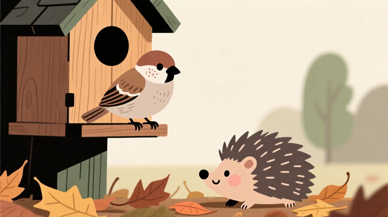 A sparrow perches on a wooden birdhouse, preening its feathers while a hedgehog moves quietly through the fallen leaves below.