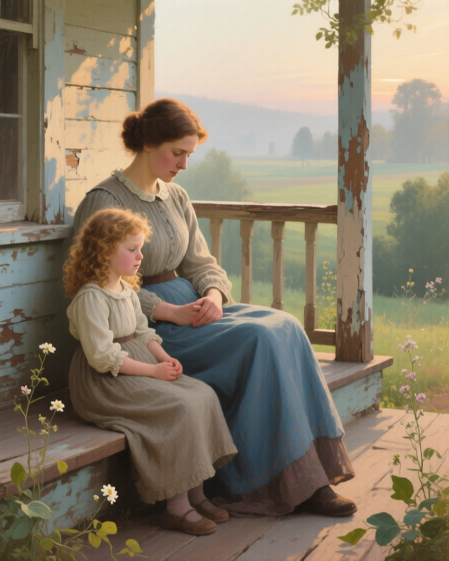 A centered composition of a mother and her daughter on a weathered porch, radiating quiet contentment, in early morning light.