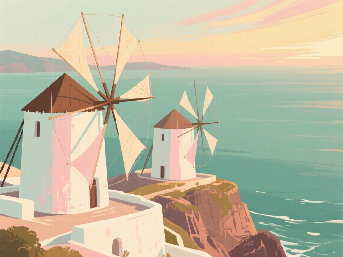The windmills of Santorini overlooking the Aegean Sea