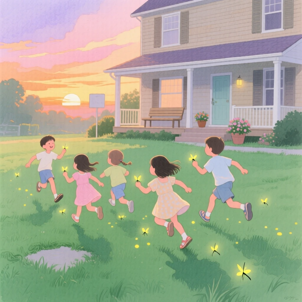 A group of children chase fireflies across a summer lawn as the sun sets behind their family home