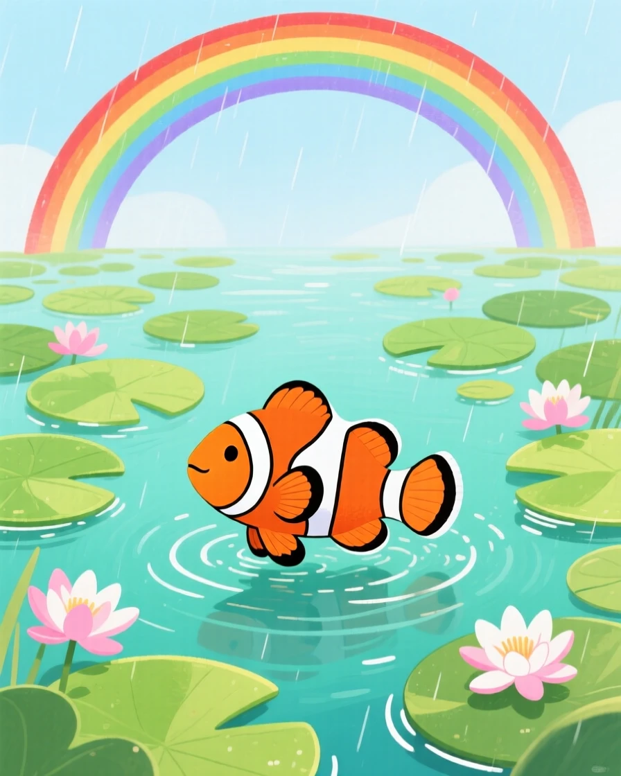 A bright clownfish playing joyfully in a lily-pad covered pond just after a rainbow appears.