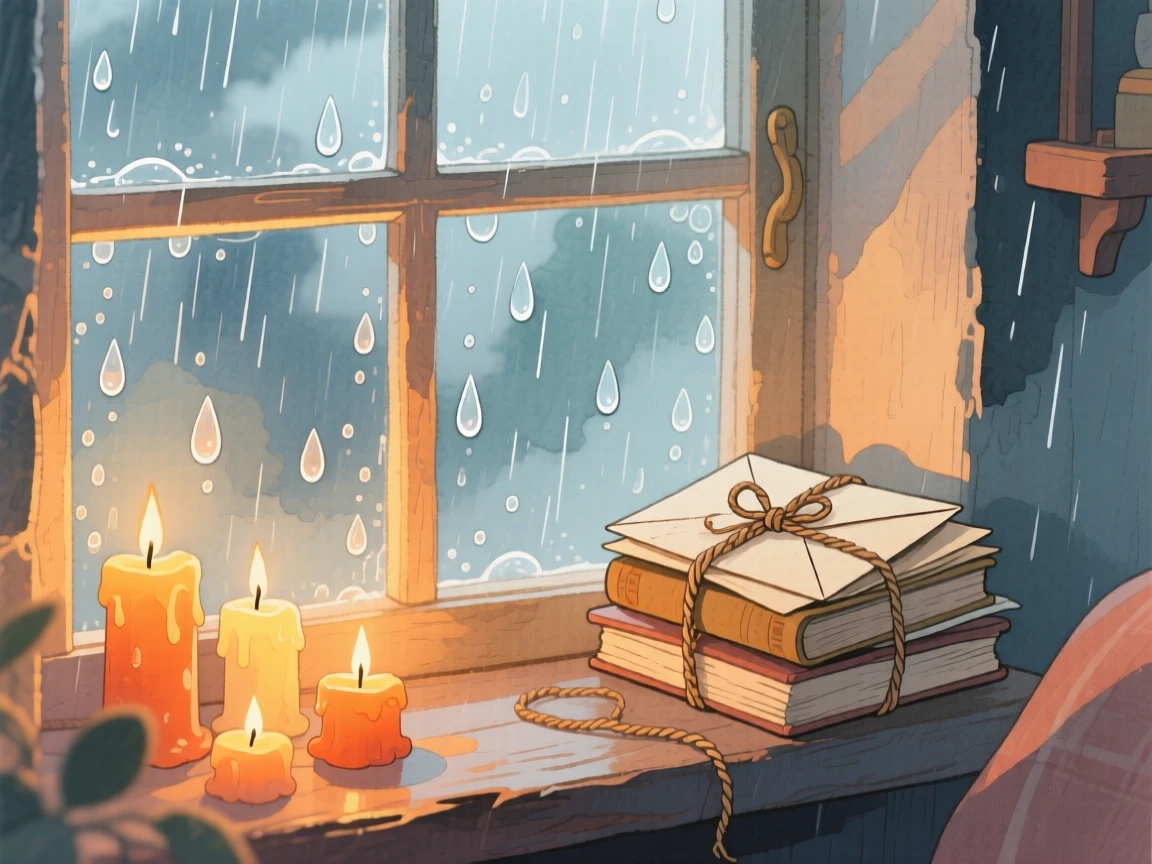 A rainy afternoon scene of raindrops on a windowpane with candles flickering inside, with a stack of letters tied with twine resting close by, wrapped in a feeling of safety and belonging.