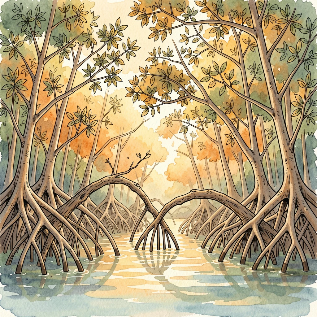 A dense mangrove forest with roots arching into calm tidal water, golden light spilling across the landscape at the close of day.