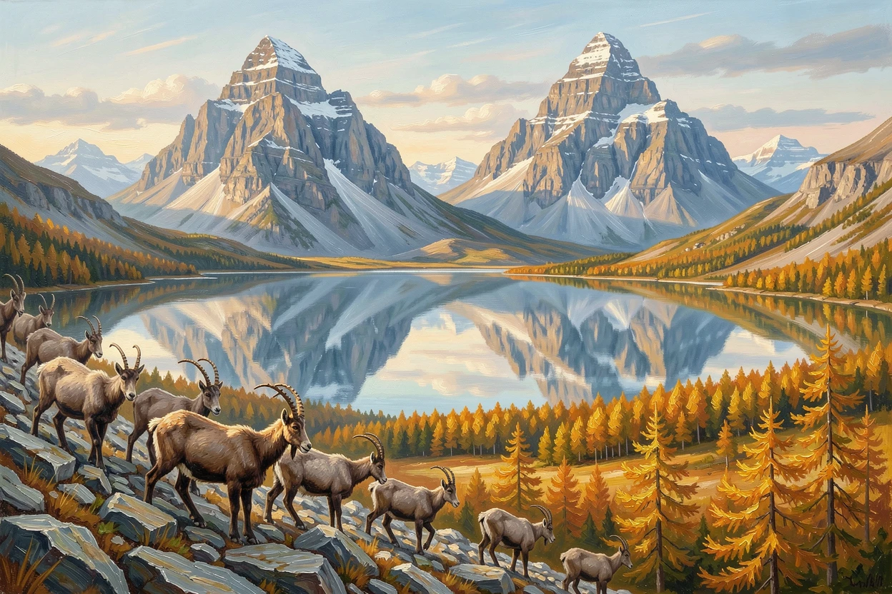 Above a rolling sea of clouds, twin peaks reflected in a still glacial tarn, a herd of mountain goats picking their way across the rocky slope, on a crisp autumn morning with golden larches far below.
