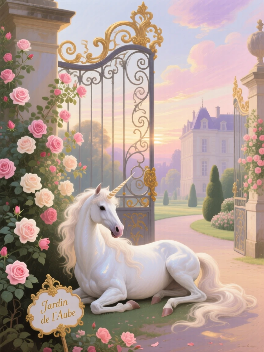 A unicorn resting beside a rose-covered palace gate at dawn  