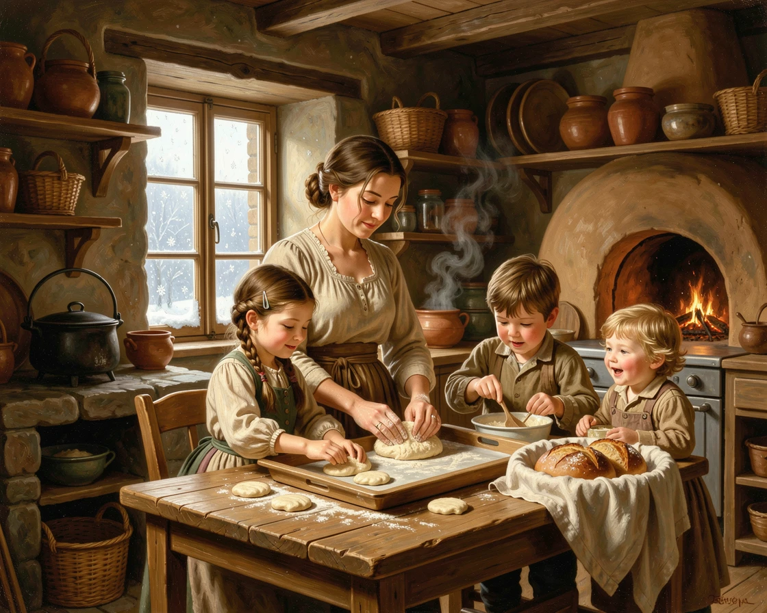 A mother and her children work together in a kitchen filled with the smell of fresh bread as snow falls softly outside.