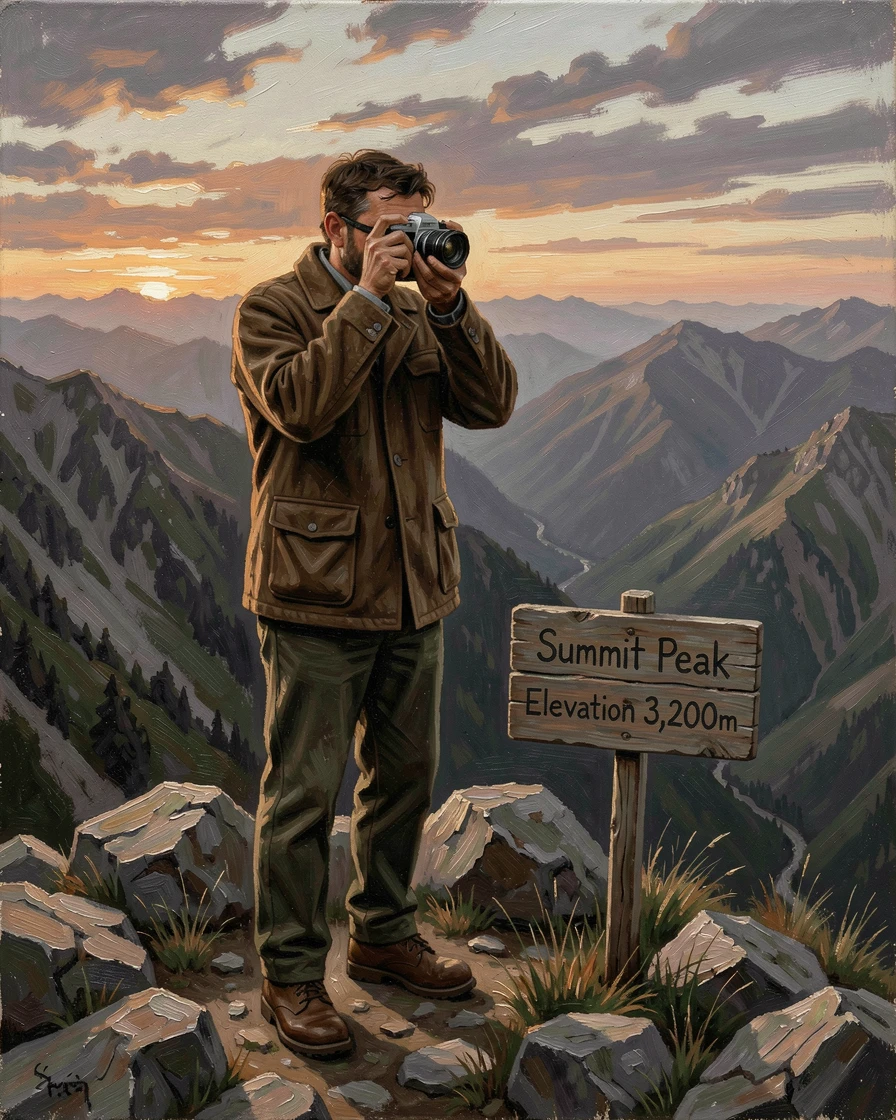 A photographer capturing a dramatic sunrise from a mountain summit, as the vastness of the destination dwarfs the traveler in scale, offering a vivid, awe-inspiring window into a far-off adventure
