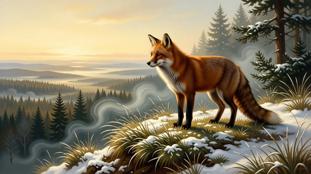 A curious fox pausing at the edge of a snow-dusted forest as the golden light of dawn or dusk catches every detail, set atop a windswept ridge overlooking a vast, open landscape, with dew-covered grass, drifting mist, and soft golden light; a low, respectful vantage point lends the creature quiet majesty, suggesting the timeless harmony between nature and spirit.