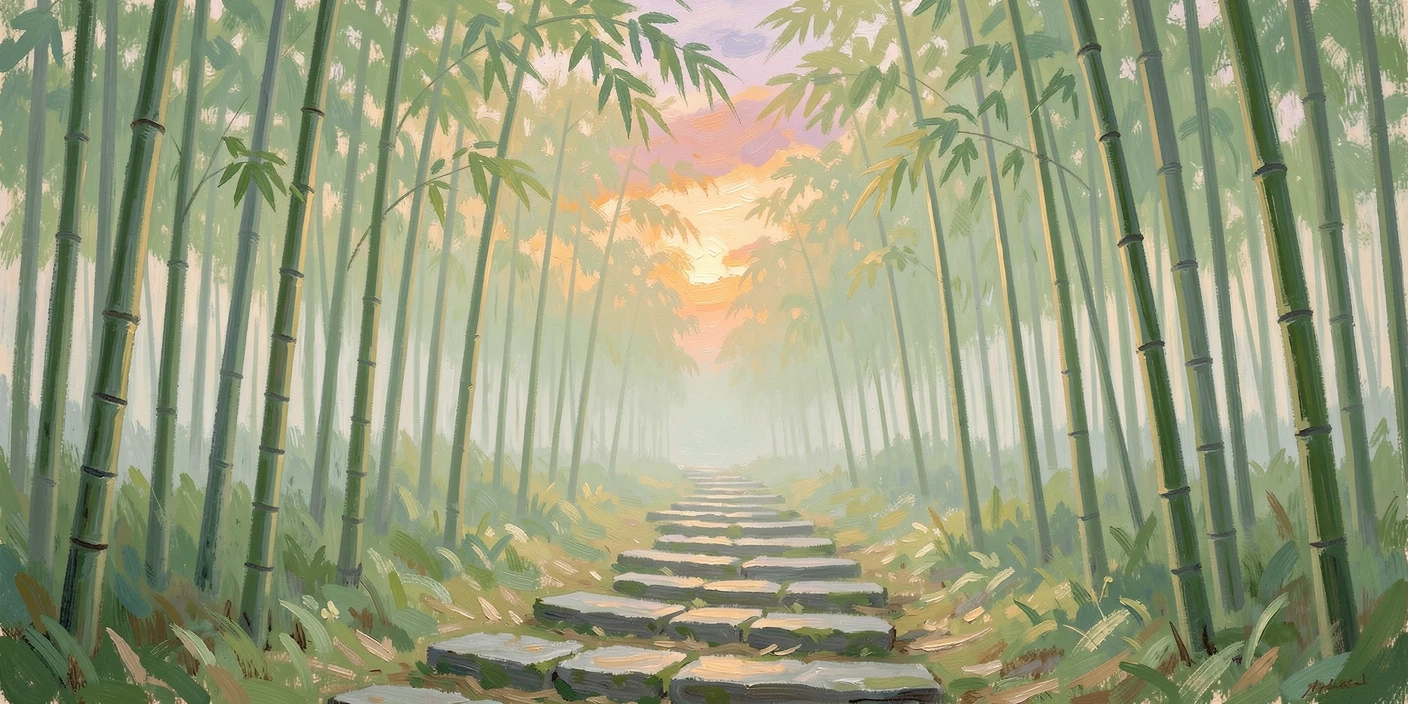 A misty bamboo forest with narrow stone steps winding upward, soft green light filtering through the tall stalks, under a glowing sunset sky, evoking timeless charm and quiet elegance.