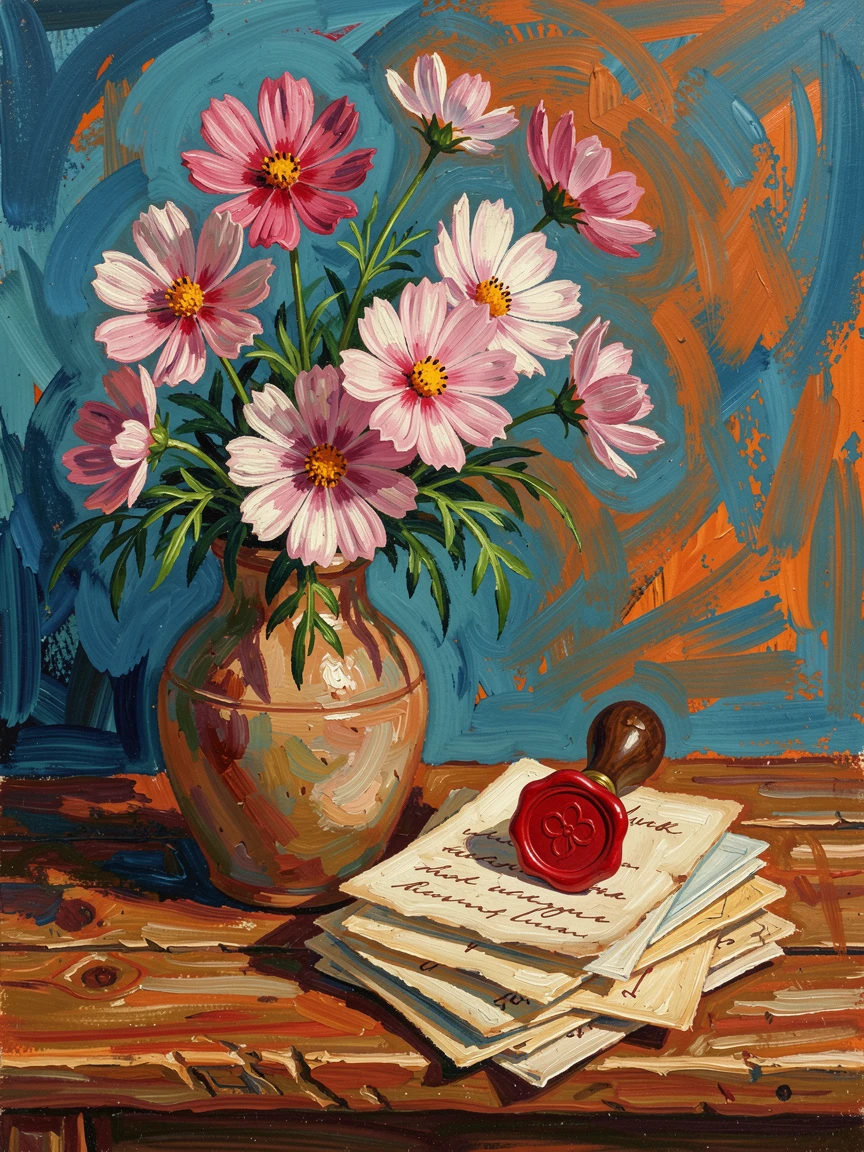 A vase of cosmos flowers beside a stack of letters and a wax seal stamp.