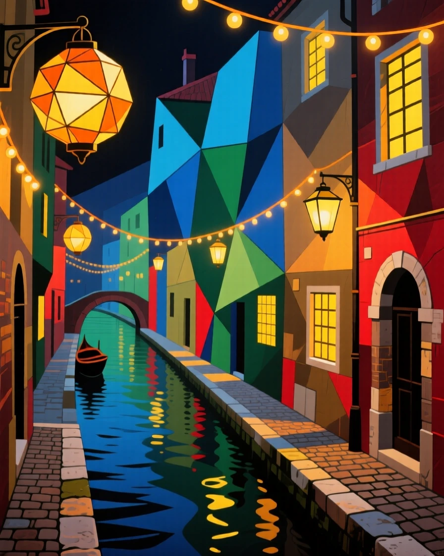 A vibrant scene of a lantern-lit canal street glowing with strings of warm lights.