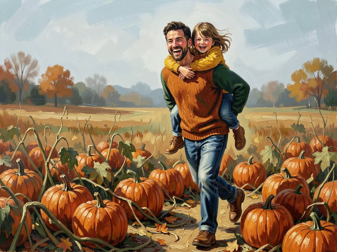 A cozy scene shows a father giving his daughter a piggyback ride through a pumpkin patch, both laughing beneath a crisp autumn sky, background elements kept softly out of focus to keep attention on the human moment.