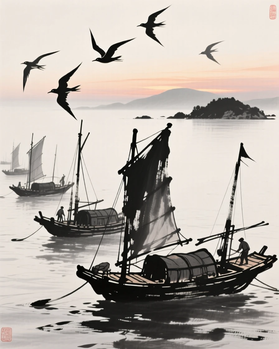 Seabirds wheel above a fleet of fishing boats returning at dusk, with distant islands rising faintly from the sea.