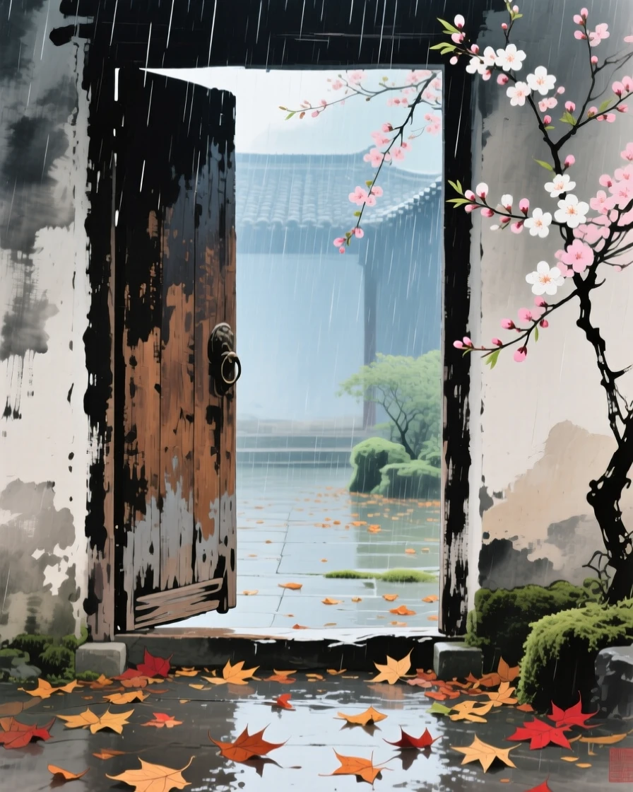 An old wooden door left ajar onto a courtyard of fallen leaves, as spring blossoms unfold, through a curtain of fine rain.