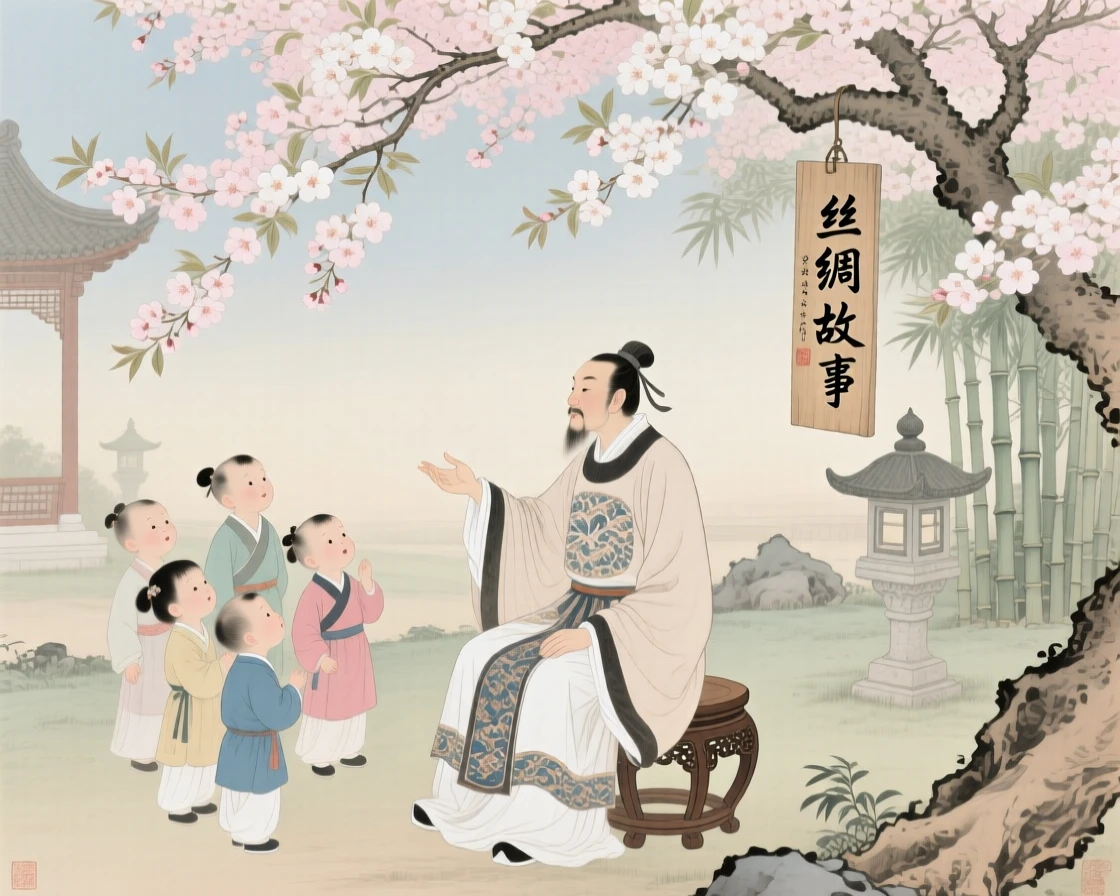 A silk trader sharing a story with curious children beneath a canopy of cherry blossoms