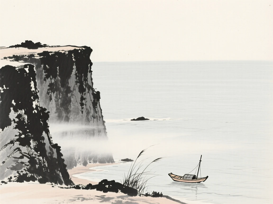 A high cliff overlook facing an endless expanse of ocean as thin mist rolls slowly through the lower valley, composed with wide open space above to emphasize the scale of the sky, with a small fishing boat anchored near the reeds, carrying a feeling of timeless peace and stillness.