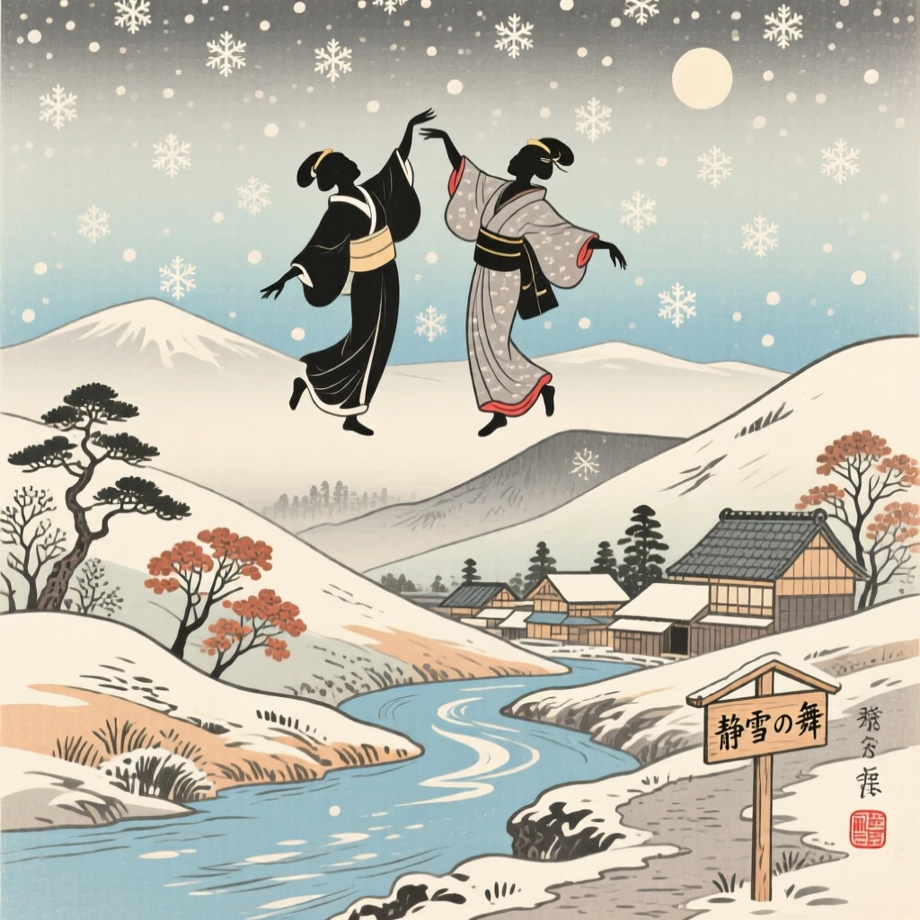 Two silhouettes dancing beneath falling snow, above a quiet valley.