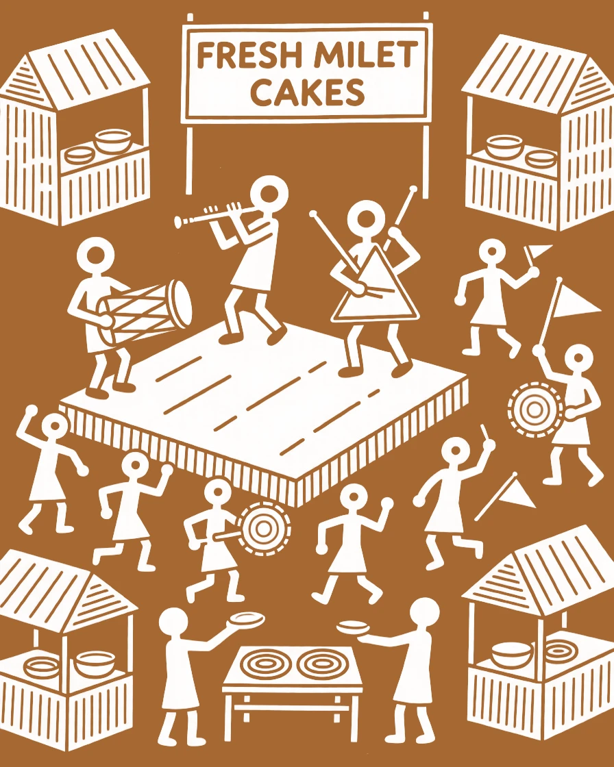 A festival ground filled with musicians, dancers, and food stalls arranged around a stage.