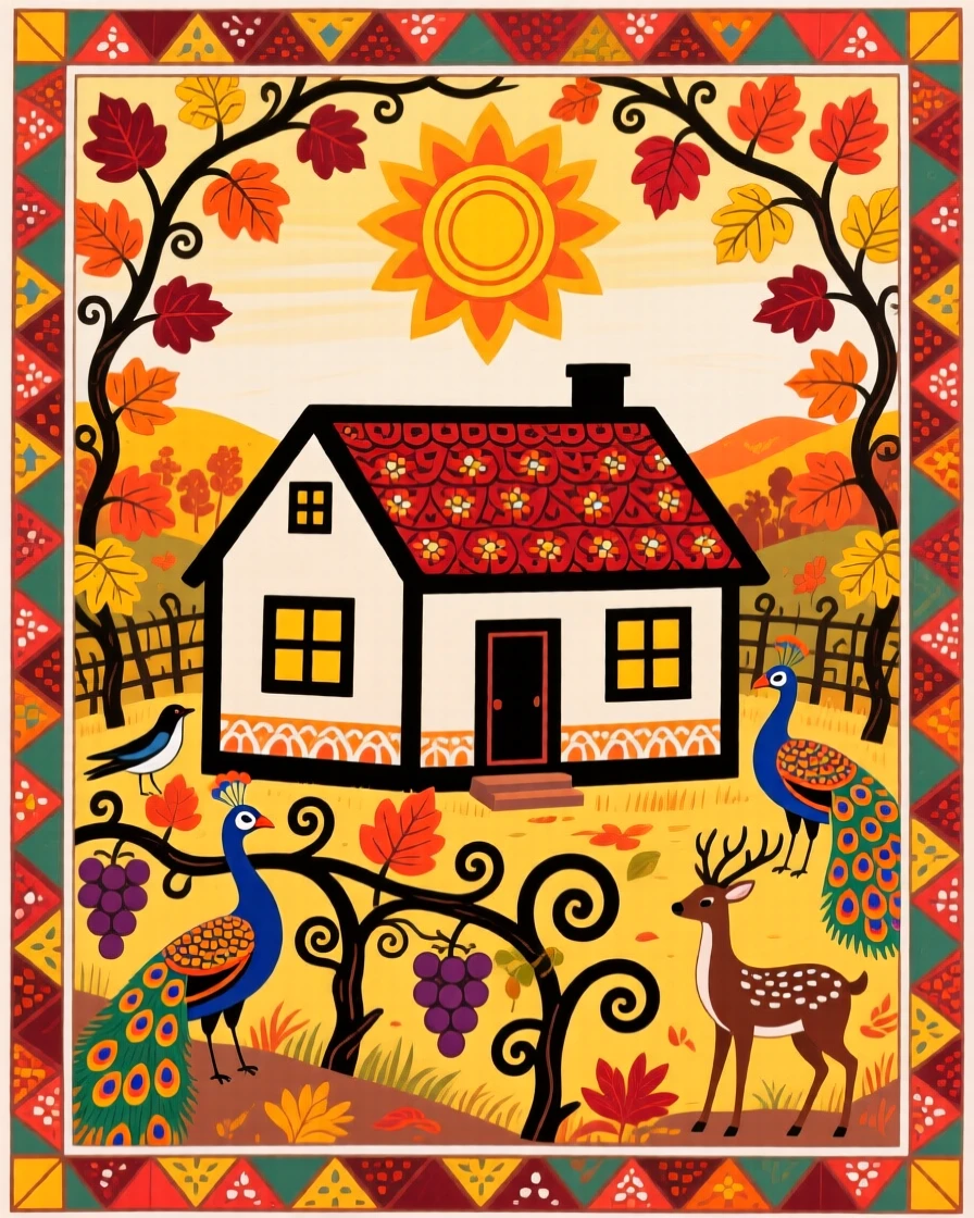 A quiet vineyard cottage wrapped in autumn vines and fading light.