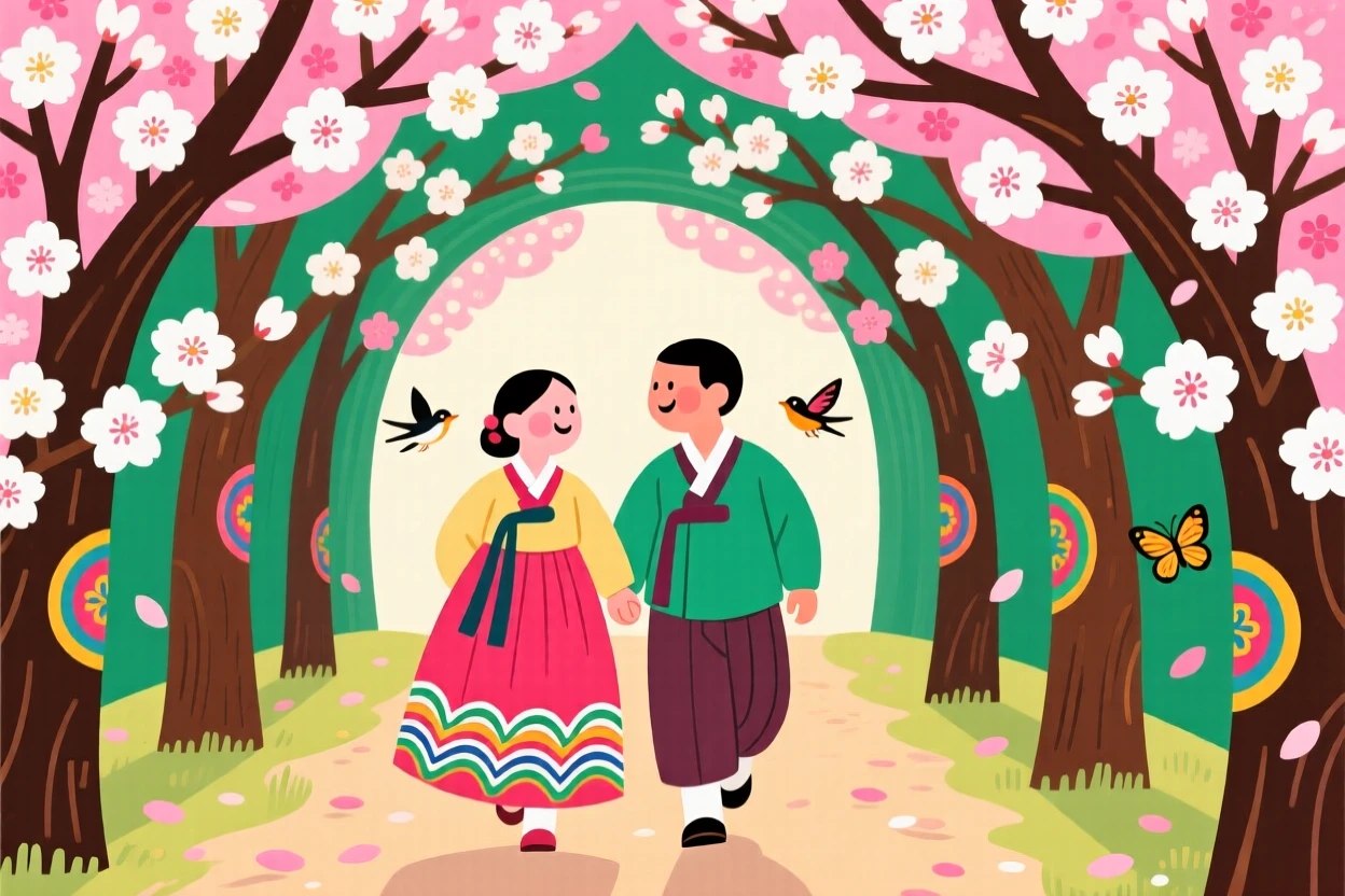 A young couple walking through a tunnel of cherry blossoms.