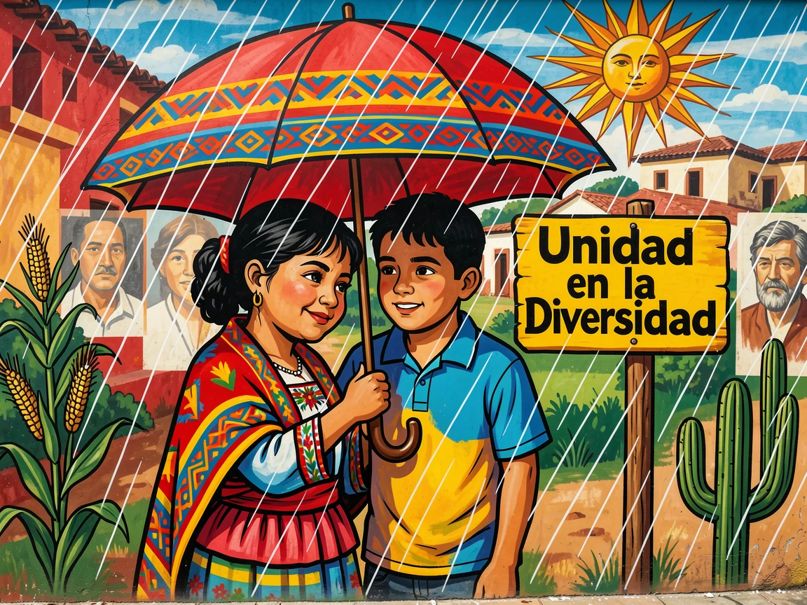 Two children of different backgrounds sharing a single umbrella in the rain