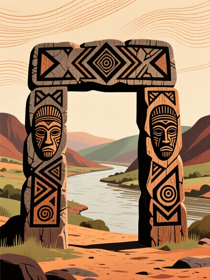 A carved stone gateway overlooking a quiet river valley.