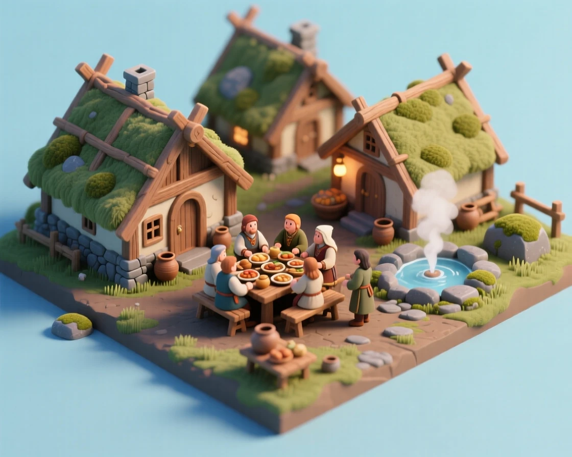 A medieval Icelandic longhouse settlement with turf roofs, a geothermal spring nearby, and villagers gathering for a feast.