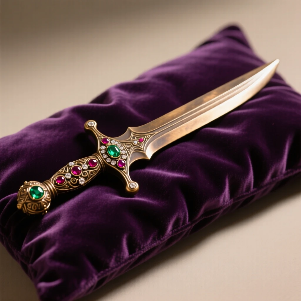 A jeweled ceremonial dagger displayed on velvet, capturing a sense of timeless luxury, radiating elegance and refinement