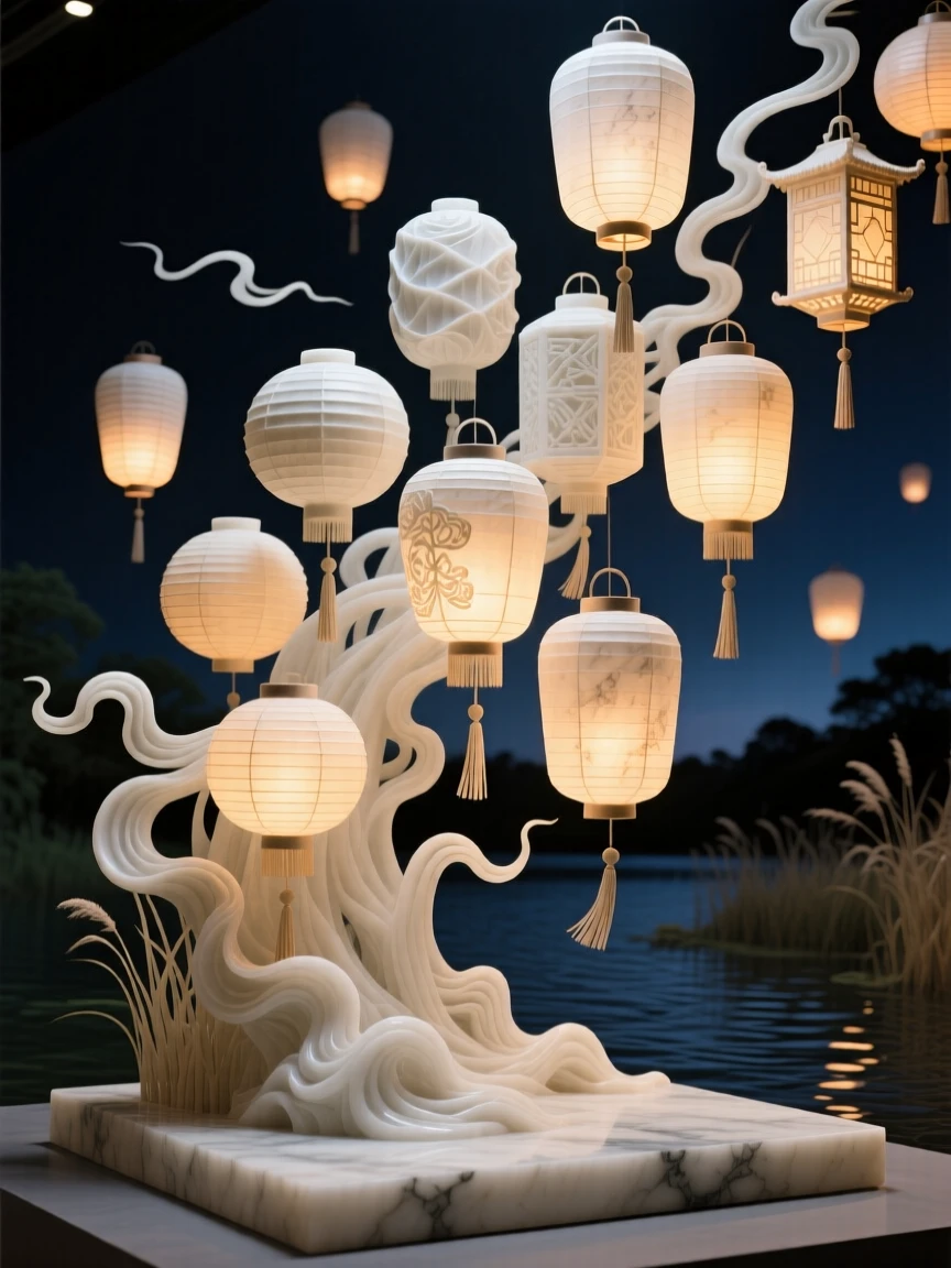 A beautifully composed image of a paper lantern festival lighting up the night sky, under a brilliant, colorful sky, full of atmosphere and visual storytelling