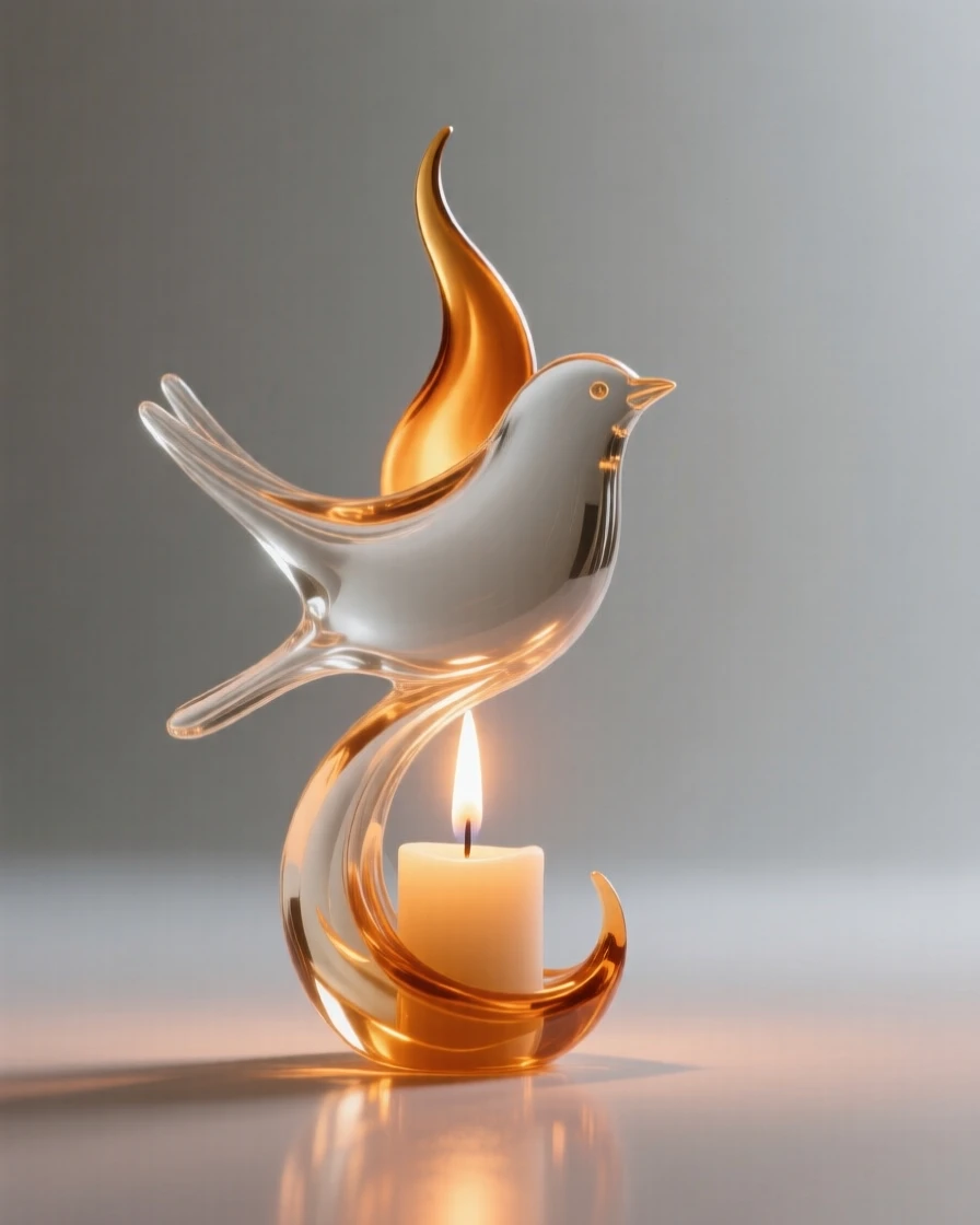A candle flame shaped like a small rising bird with a warm glow surrounding the entire scene, while light seems to pulse gently outward from the center