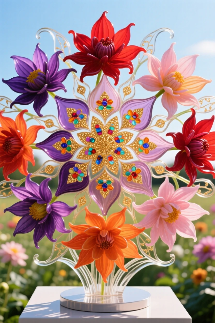 A field of blooming dahlias arranged in the most intricate mandala pattern at midday, vivid and meditative.