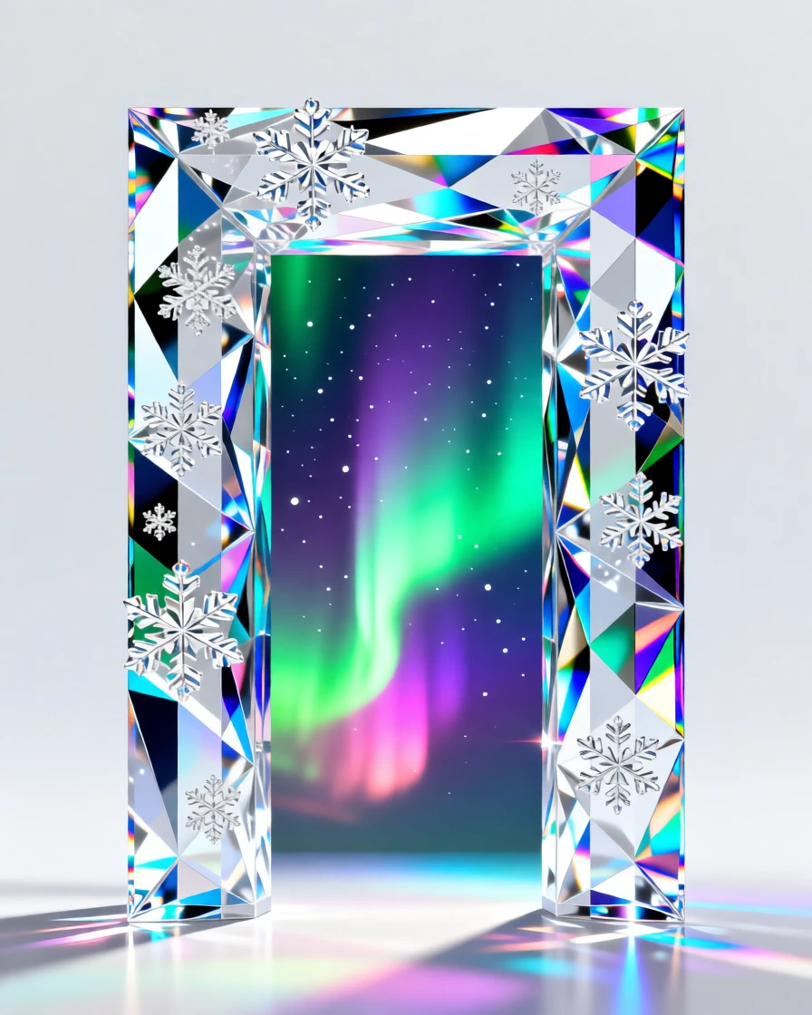 A surreal doorway made of falling snow opening onto a glowing aurora sky.