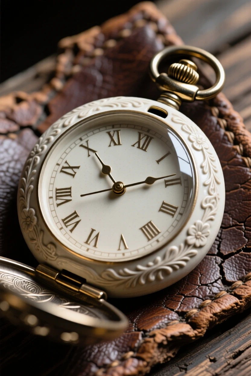 An old-fashioned pocket watch mid-tick resting delicately atop a weathered surface, with delicate patterns etched into its surface, conveying a cozy, storybook atmosphere.