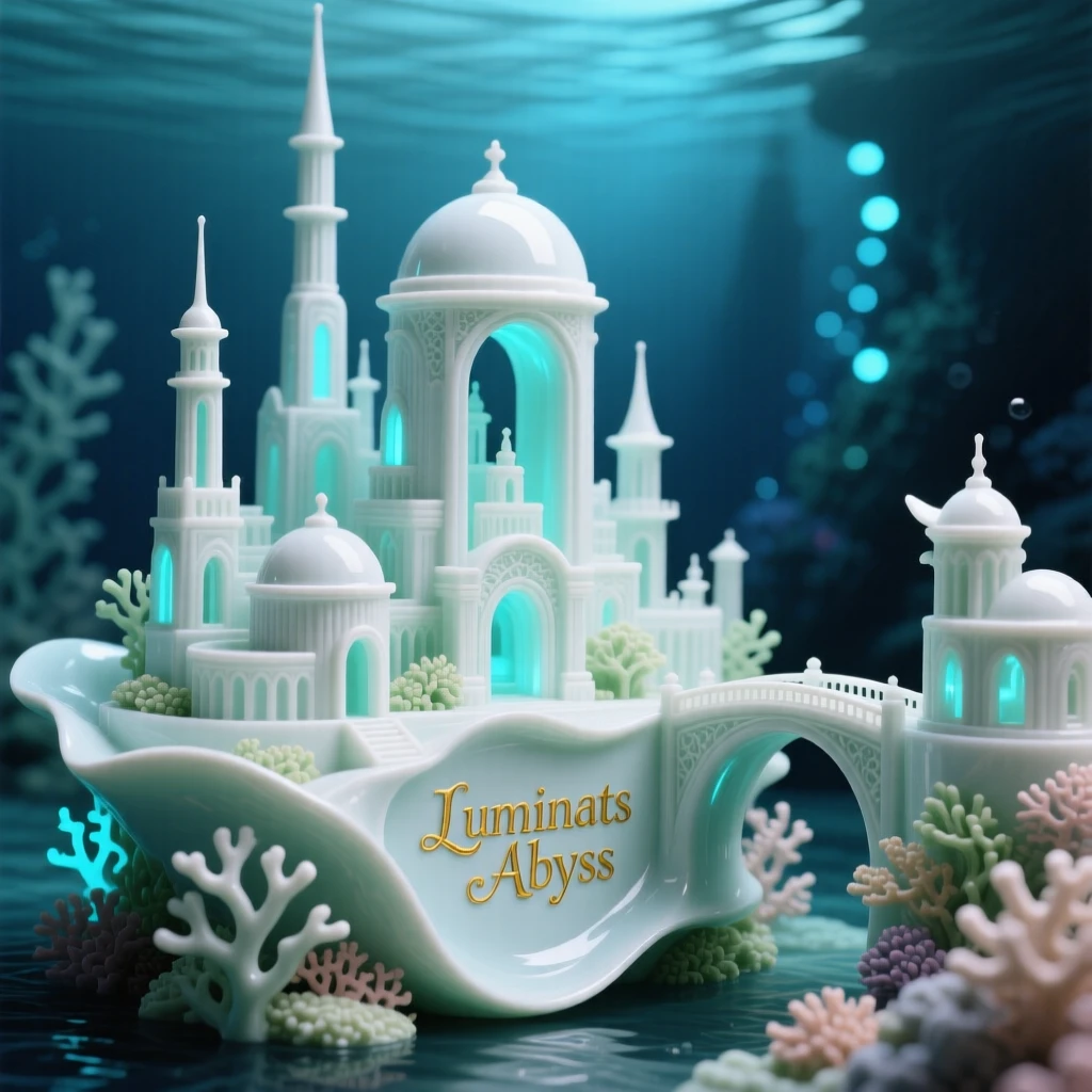 An imaginative vision of an underwater city glowing with bioluminescent light, radiating a hushed, storybook wonder.