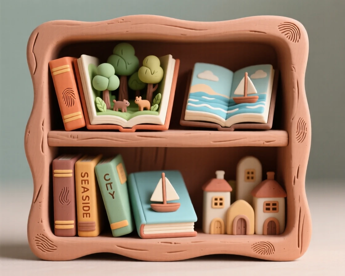 A bookshelf where each book opens into a different miniature world