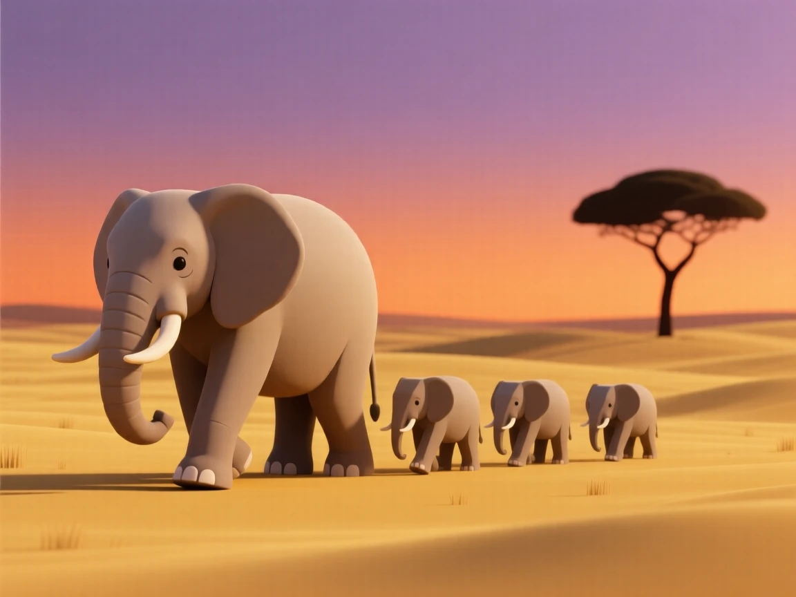 A gentle old elephant matriarch leads her herd across a golden savanna at the close of day.