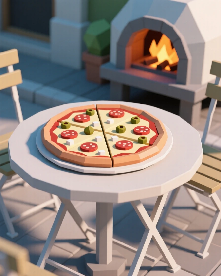 A wood-fired pizza fresh from the oven, at an outdoor café table. vibrant colors are enhanced by careful arrangement. The setting feels indulgent and delicious.