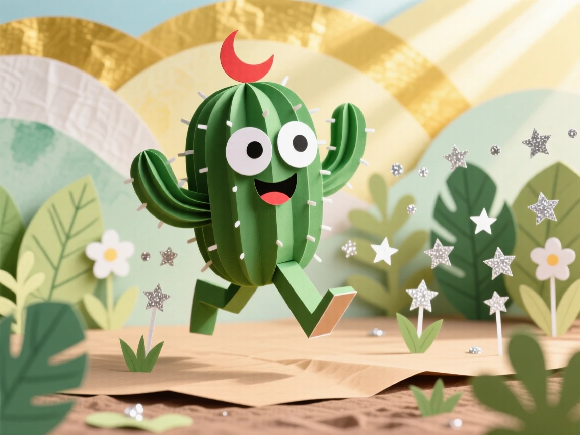 A cheerful cactus character bouncing through a sunlit garden, with tiny sparkles trailing behind it, evoking whimsical charm and gentle humor.
